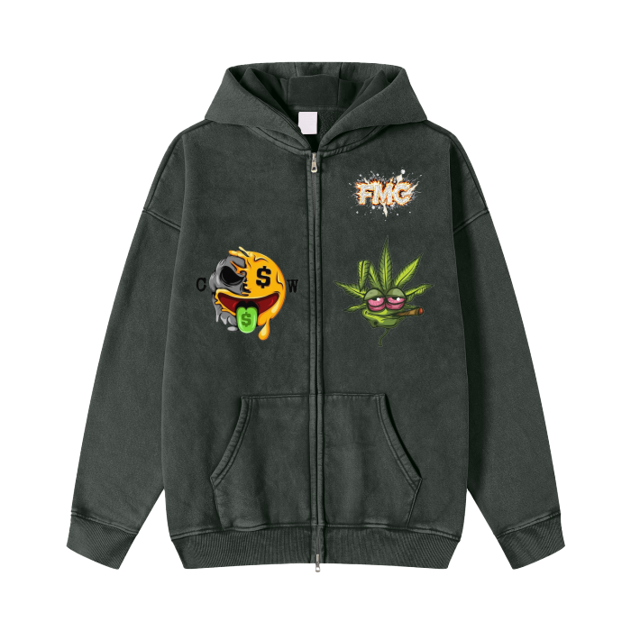 Lazy Leaf Acid Washed Zip-Up Hoodie