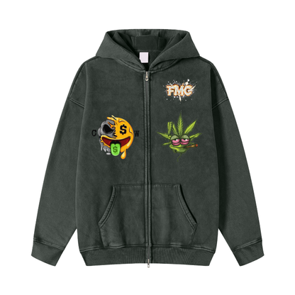 Lazy Leaf Acid Washed Zip-Up Hoodie